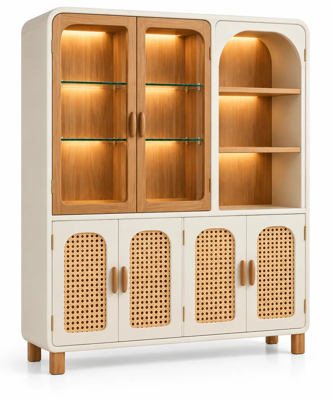 Vetrina, ante vetrate, ripiani laterali e ante intrecciate, marrone/beige