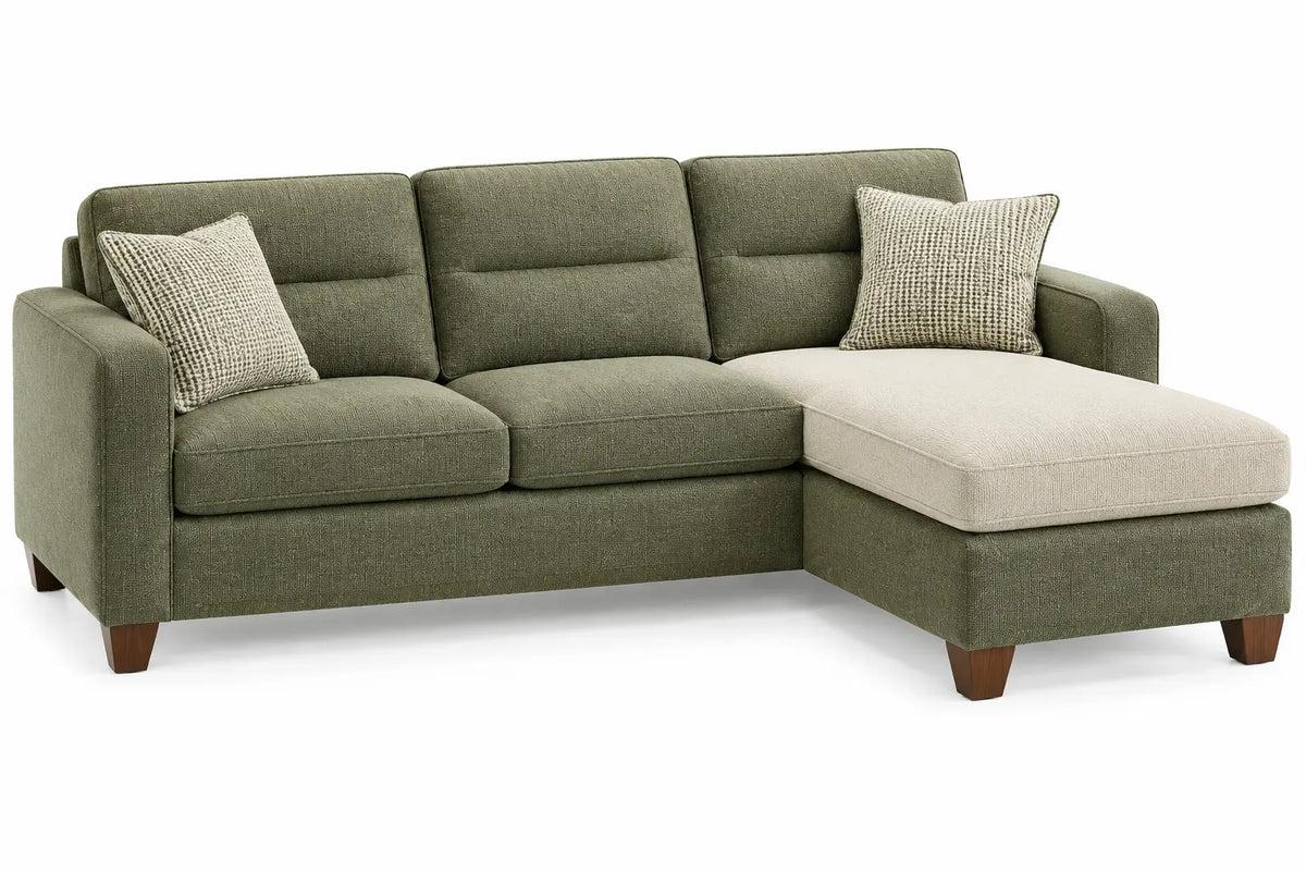 Divano angolare, penisola con cuscino a contrasto, verde/beige