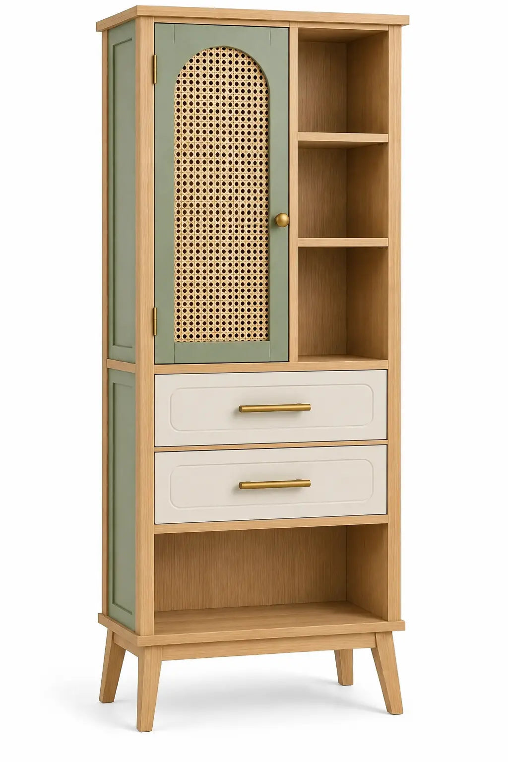 Armadio, anta intrecciata, ripiani e cassetti, marrone/verde/beige