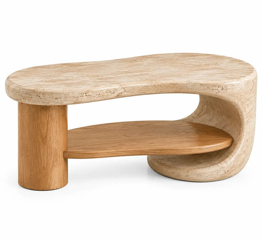 Tavolino da salotto, forma ovale e base con vano aperto, beige/marrone