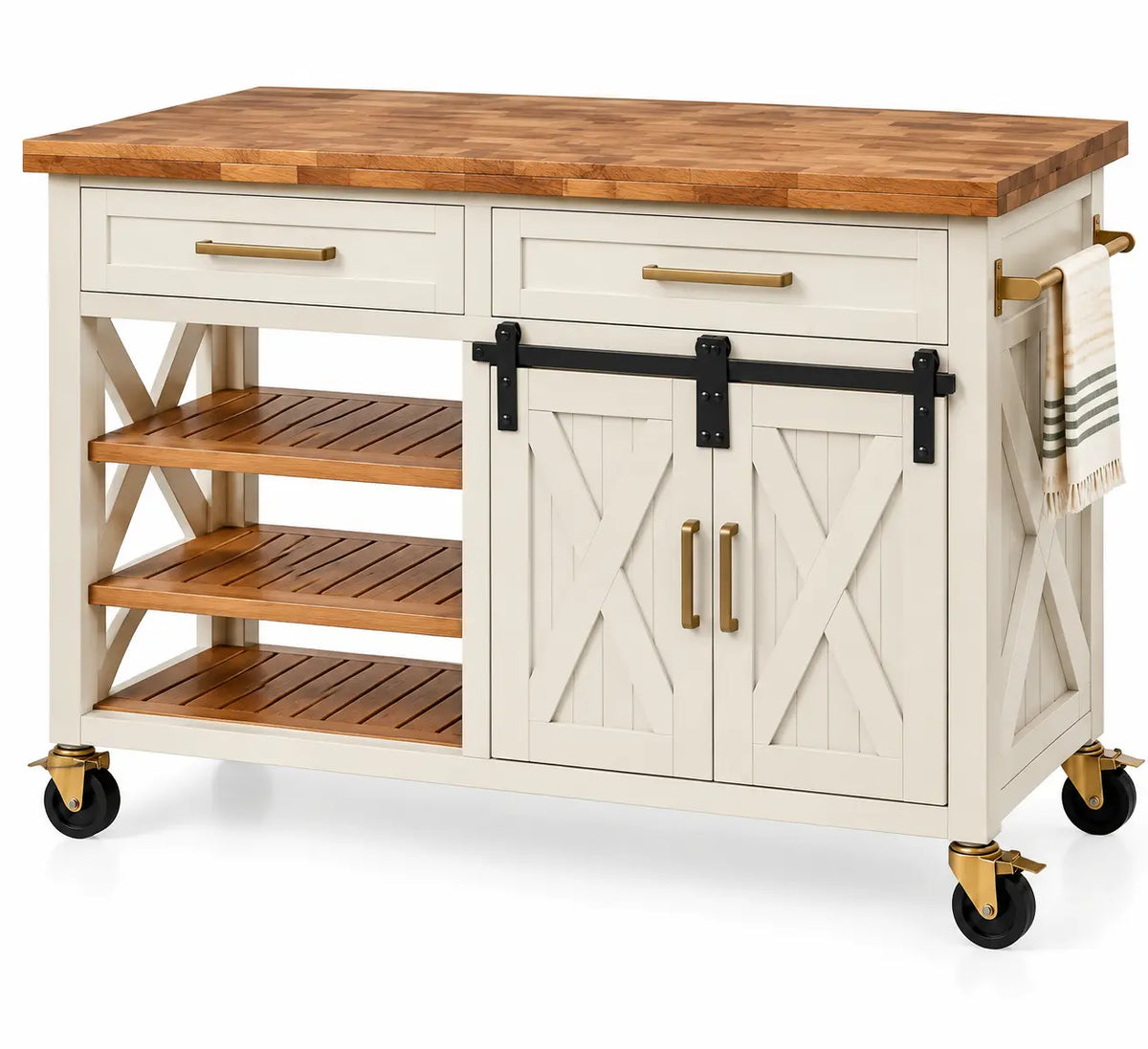 Carrello da cucina, ante incrociate, ripiani e ruote, beige/marrone