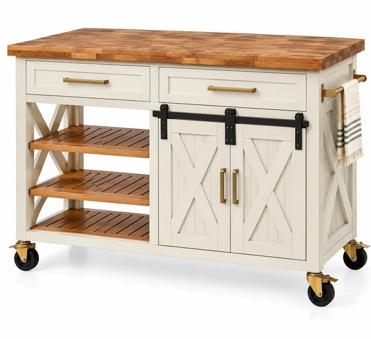 Carrello da cucina, ante incrociate, ripiani e ruote, beige/marrone