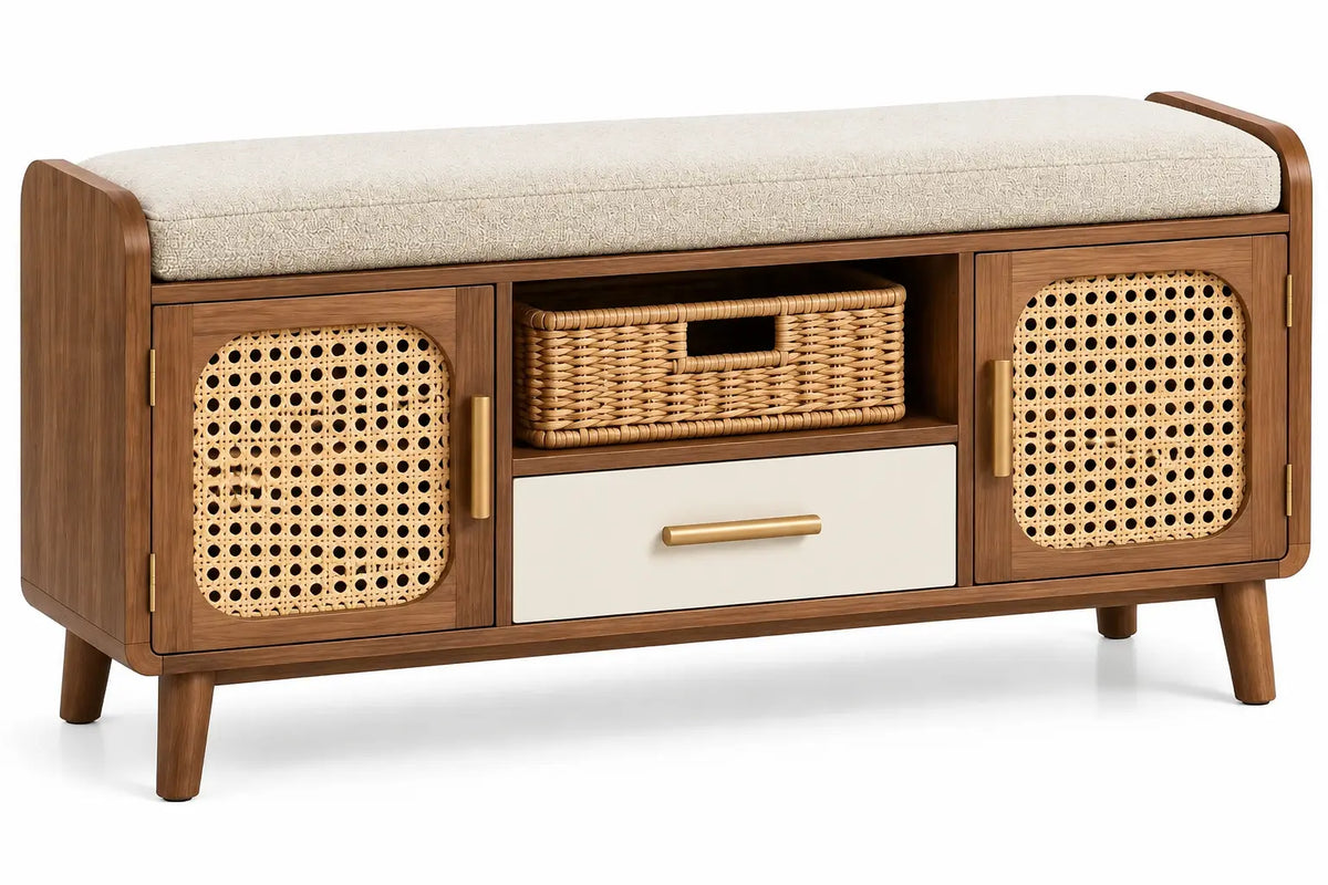 Panca, ante intrecciate e cassetto centrale, marrone/beige