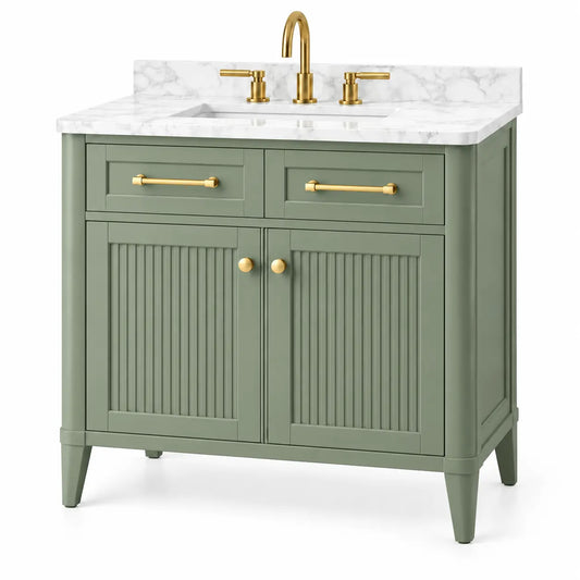 Mobile bagno con lavabo, lavabo, ante scanalate e due cassetti, verde/bianco