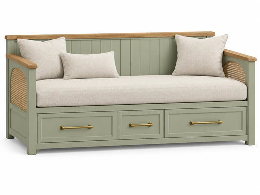 Panca, fianchi intrecciati e tre cassetti inferiori, verde/marrone/beige
