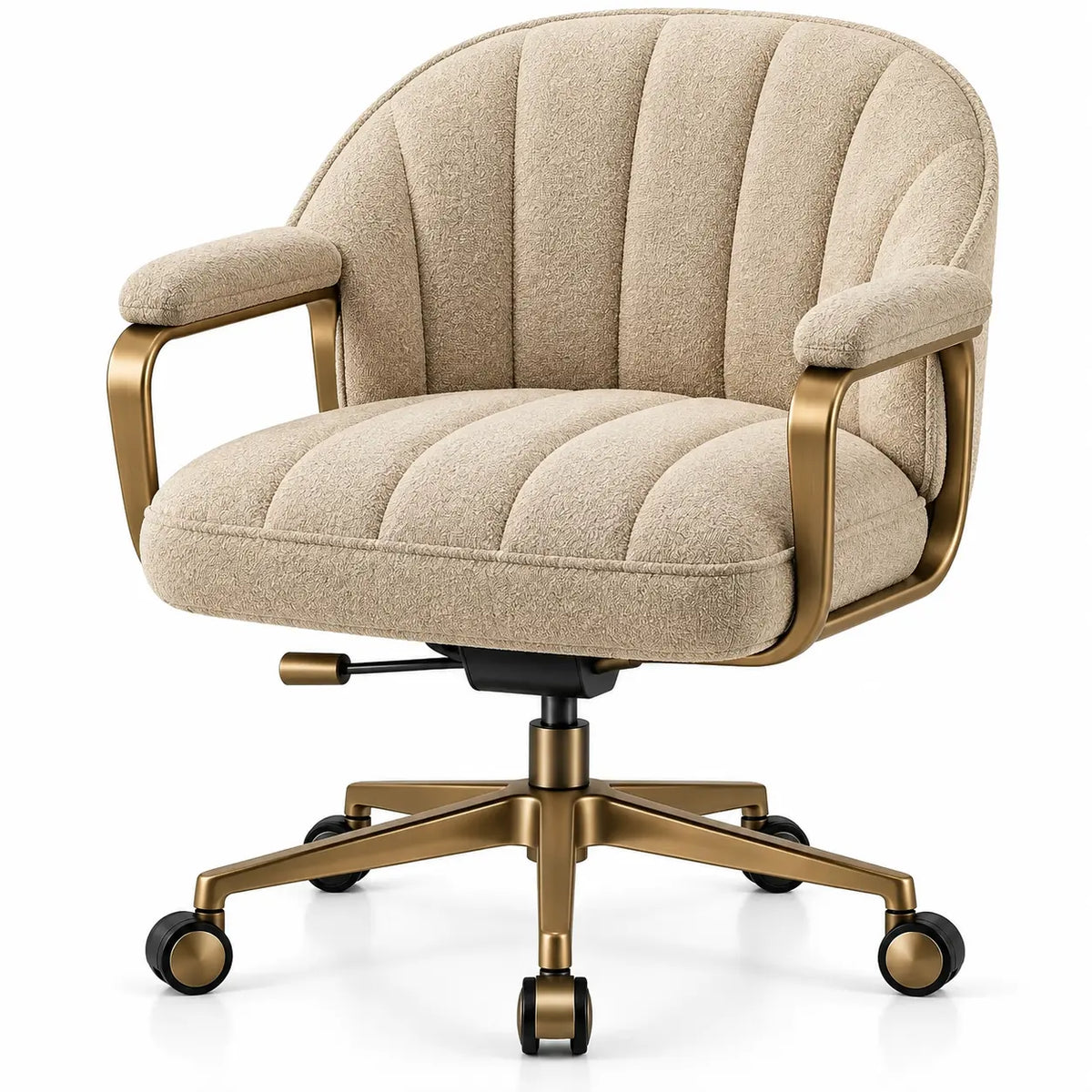 Sedia da ufficio, seduta a fasce, braccioli e ruote, beige/oro