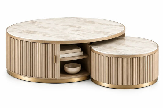 Coppia di tavolini da salotto, due tavolini rotondi con frontali scanalati, beige/marrone